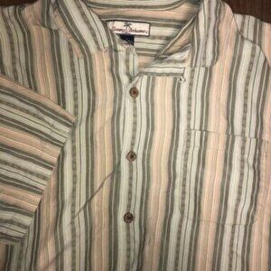 Tommy Bahama Size Large L Shirt Silk Button Down Striped Orange Green Men's